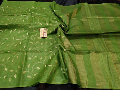 Silkmark Certified Eri Silk Embroidered Green Saree with Blouse-Indiehaat