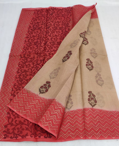 Kota Doria Handblock Printed Biege color Saree with blouse-Indiehaat