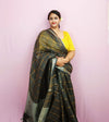 Pure Linen Check Design Handloom Saree Black Colour with Running Blouse-Indiehaat