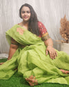 Kota Doria Pure Cotton Embroidered Saree Lime Green Color with blouse Handcrafted - IndieHaat