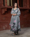 Organza Stitched Suit Dark Gray Color Hand painted - IndieHaat