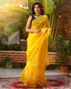 Pure Silk Kota Doria Saree Banana Yellow Color allover Hand Pitta work with running blouse - IndieHaat