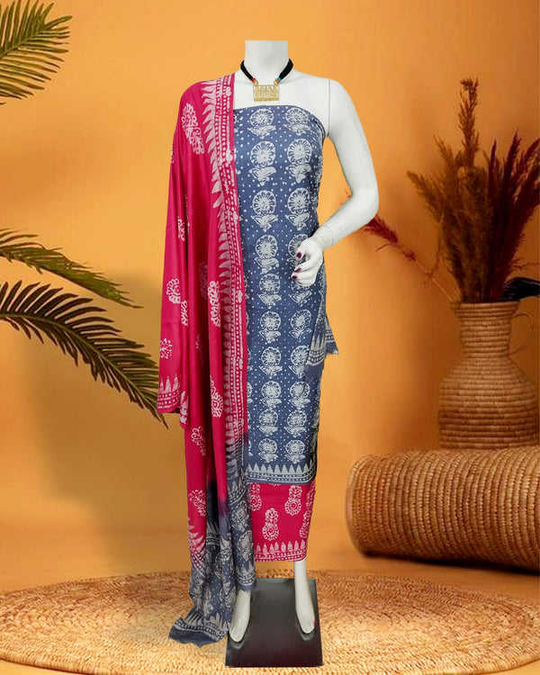 Katan Silk Suits Steel Blue Color Batik Print - IndieHaat