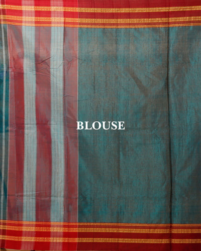ILKAL Handloom Cotton Silk Saree Dark Turquoise Color with running blouse - IndieHaat
