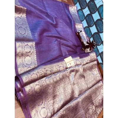 Silk Linen Banarasi Brocade Handloom Purple Saree with Blouse-Indiehaat