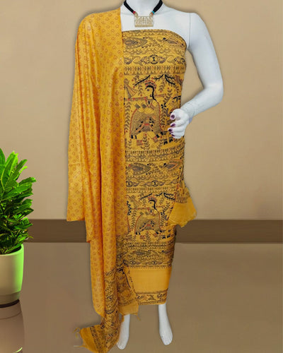 Katan Silk Suit Golden Yellow Color Madhubani Print - IndieHaat