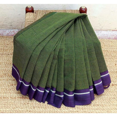 Patteda Anchu Handloom Mark Certified Pure Cotton Green Saree with Running Blouse-Indiehaat