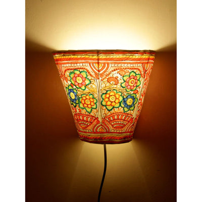 Indiehaat | Flower Kalamkari Handpainted Wall Mount Leather Lamp | 5.5 Inch