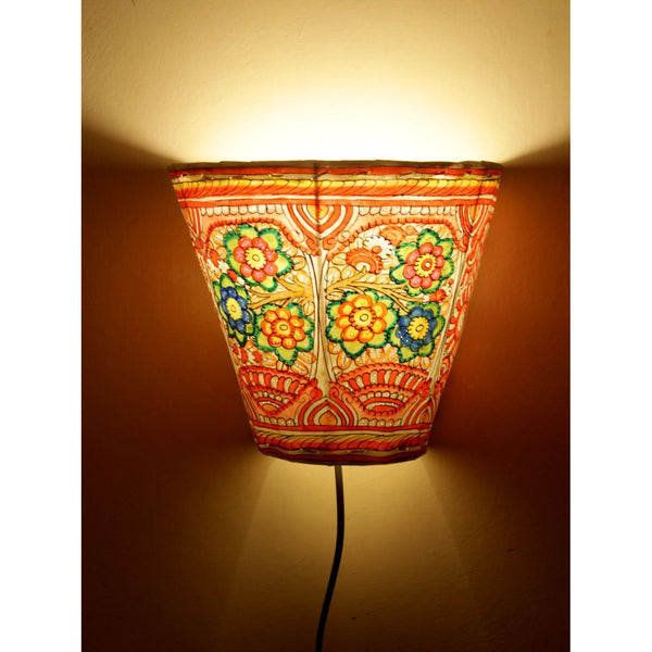 Indiehaat | Flower Kalamkari Handpainted Wall Mount Leather Lamp | 5.5 Inch