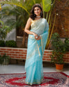 Pure Silk Kota Doria Saree Sky Blue Color allover Hand Pitta work with running blouse - IndieHaat