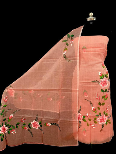 Shop the Latest Collection of Hand Painted Kota Doria Suits in Tangerine Red-Indiehaat