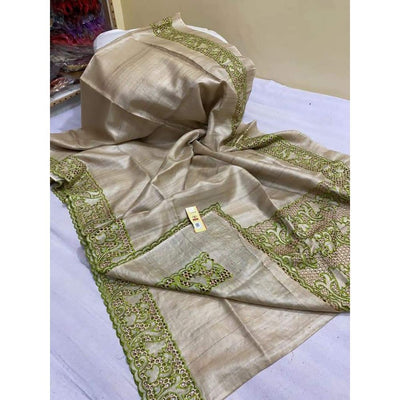 Silkmark Certified Pure Tussar Hand Cutwork Beige Saree (Tussar by Tussar Fabric)-Indiehaat