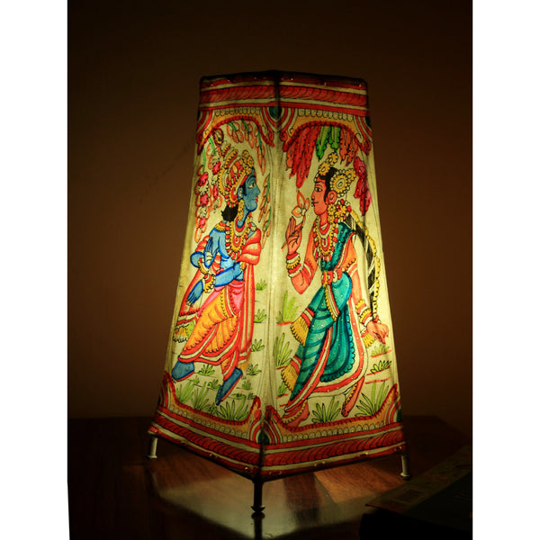 Indiehaat | Radha Krishna Kalamkari Handpainted Standing Square Leather Lamp | 9 Inch