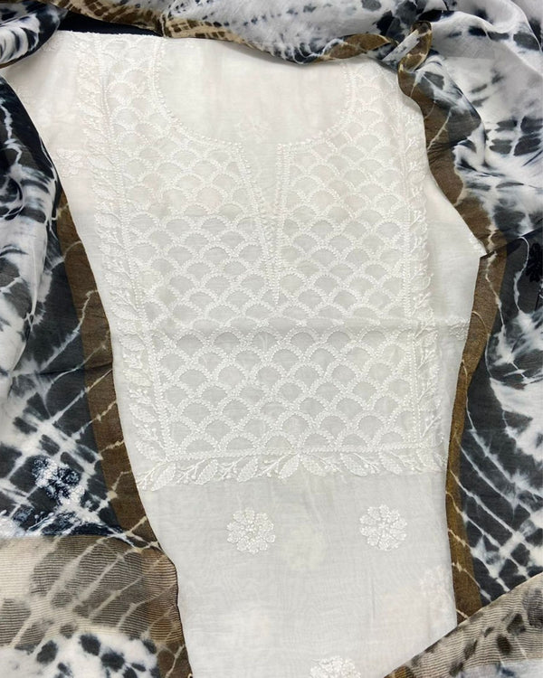 Pure Chanderi Silk Kurti White Color with heavy Chikankari work Dupatta - IndieHaat
