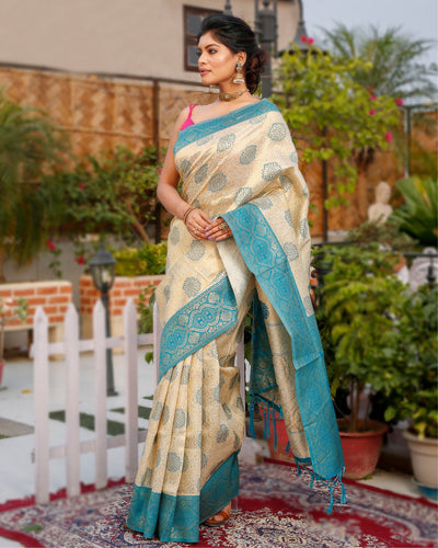 Kashmiri Modal Silk Saree Light Beige Color with Cyan Blue Pallu and blouse - IndieHaat