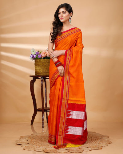 ILKAL Handloom Cotton Silk Saree Bright Orange Color with running blouse - IndieHaat