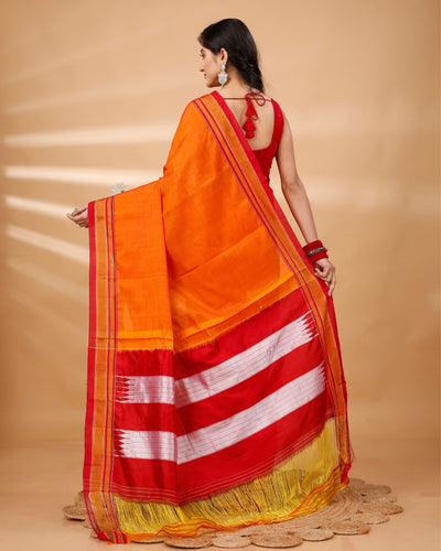 ILKAL Handloom Cotton Silk Saree Bright Orange Color with running blouse - IndieHaat