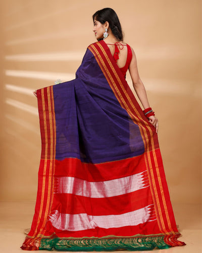 ILKAL Handloom Cotton Silk Saree Dark Indigo Color with running blouse - IndieHaat