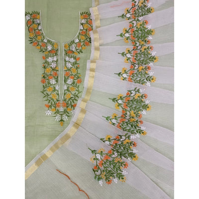 Kota Doria Green Suit Material 2 Piece Embroidered (Only Top and Dupatta)-Indiehaat