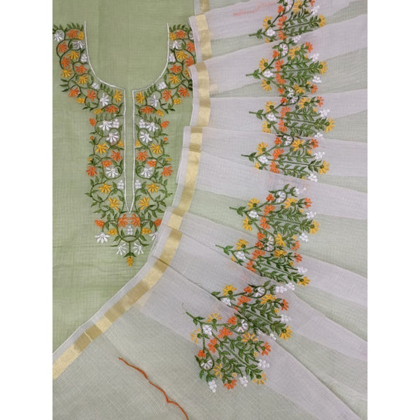 Kota Doria Green Suit Material 2 Piece Embroidered (Only Top and Dupatta)-Indiehaat