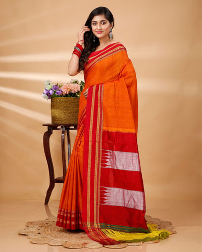 ILKAL Handloom Cotton Silk Saree Gajari Color with running blouse - IndieHaat