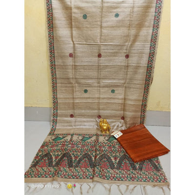 Silkmark Certified Tussar Grullo Brown Silk Madhubani Dupatta and Plain Tussar Saddle Brown Silk Top (Tussar by Tussar)-Indiehaat