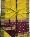 Maheshwari Silk Saree Goldenrod Yellow Color Handloom Handwoven Zari Border with flower Buti work pallu and contrast blouse - IndieHaat