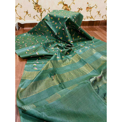 Eri Silk Digital Embroidered Green Saree with Running Blouse-Indiehaat