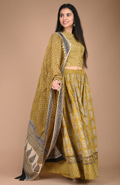 Handblock Printed Cotton Green Lehanga And Top With Mulmul Dupatta | Indiehaat