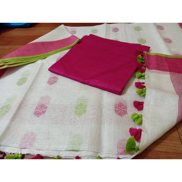 Handwoven Pure Linen White Dupatta Set with Katan Fabric Red Top-Indiehaat