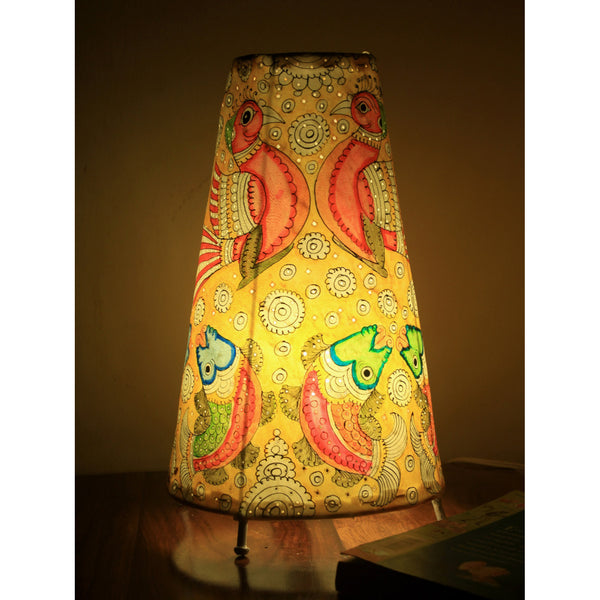 Indiehaat | Peacock Fish Kalamkari Handpainted Standing Round Leather Lamp | 13 Inch