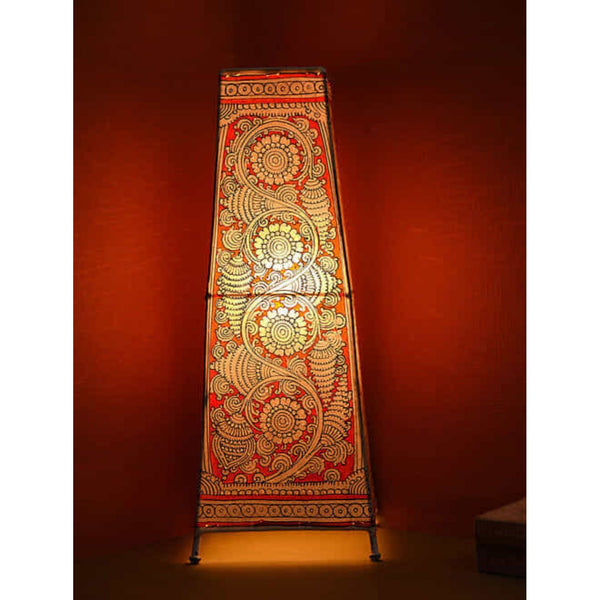 Indiehaat | Flower Kalamkari Handpainted Standing Square Leather Lamp | 17 Inch
