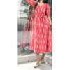 Pure Cotton Red Ikkat Handblock Printed Prestitched Dress (Size 34 to 46)-Indiehaat