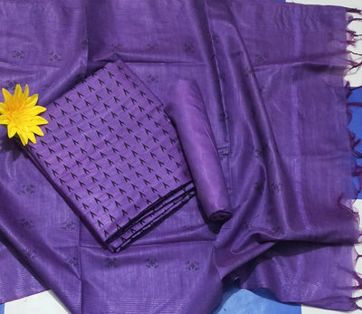 Handcrafted Katan Silk Purple Suit Piece with Bottom and Dupatta-Indiehaat