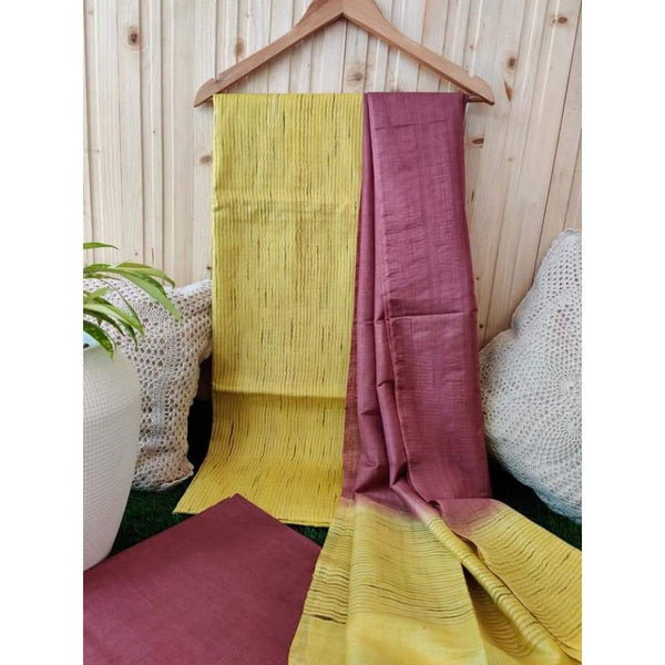 Katan Brass Yellow Silk Suit Piece with Bottom and Dupatta-Indiehaat