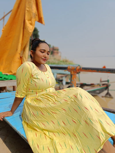 IndieHaat|Pure Cotton Dress Ikkat Design Yellow 25% Off