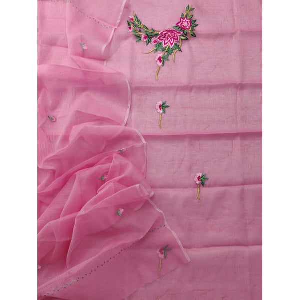 Kota Doria Pink Suit Material 2 Piece Embroidered (Only Top and Dupatta)-Indiehaat