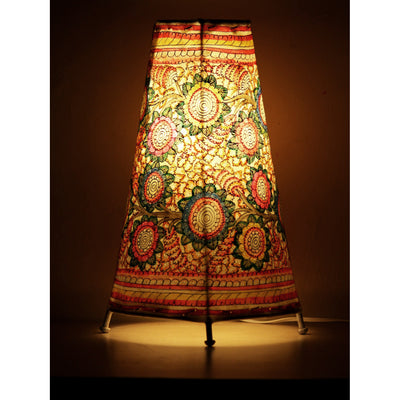 Indiehaat | Flower Kalamkari Handpainted Standing Round Leather Lamp | 13 Inch
