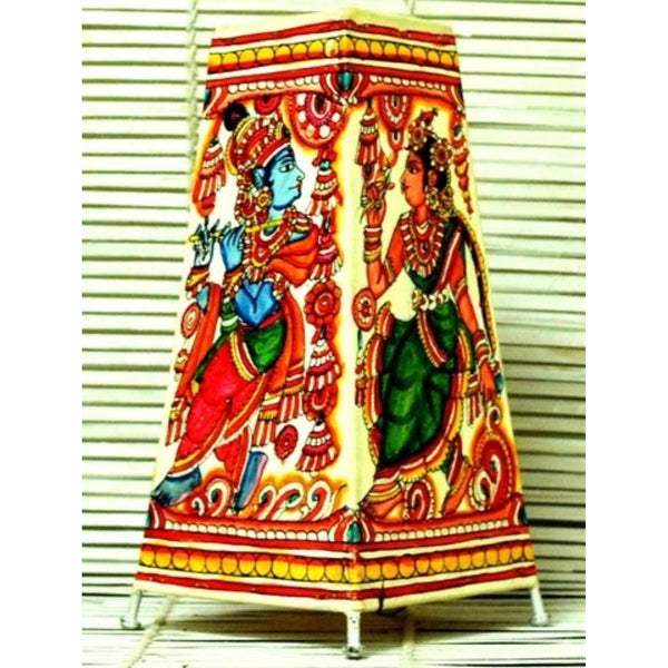Indiehaat | Krishna Radha Kalamkari Handpainted Standing Round Leather Lamp | 9 Inch