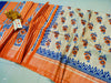 Silkmark Certified Tussar Silk Handloom Handblock Printed Orange and Blue Saree with Blouse-Indiehaat