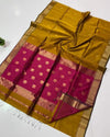 3635-Maheshwari Handloom Handwoven Saree Mustard Yellow Color Double Design Zari Border with flower buti pallu and contrast blouse - IndieHaat