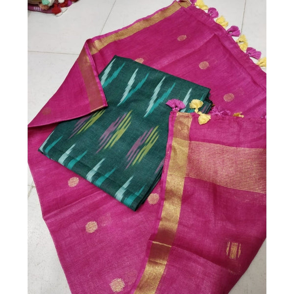 Pure Linen Pink Dupatta With Green Ikkat Kurti Material-Indiehaat