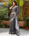 Slub Linen Saree Dark Gray Color Batik Print with running blouse - IndieHaat