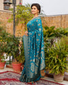 Kashmiri Modal Silk Saree Dark Cyan Blue Color with blouse - IndieHaat