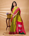 ILKAL Handloom Cotton Silk Saree Olive Green Color with running blouse - IndieHaat