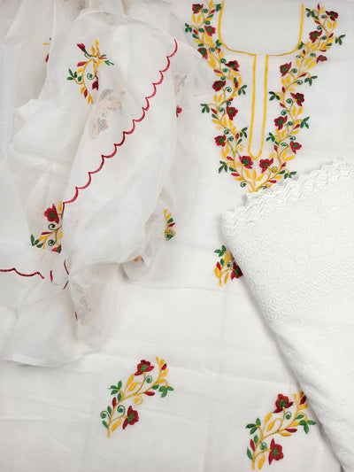 Kota Doria Embroidery White Suit Material with Matching Dupatta and Chikenkari Bottom-Indiehaat